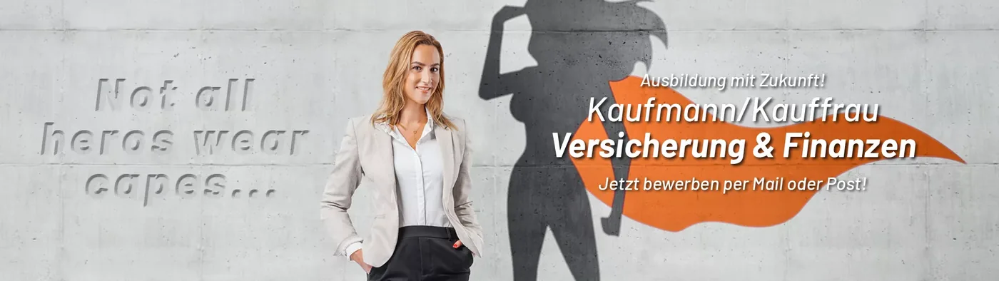 Grafik mit dem Schriftzug „Not all heroes wear capes“ und dem Ausbildungsberuf Kaufmann und Kauffrau für Versicherungen und Finanzen.