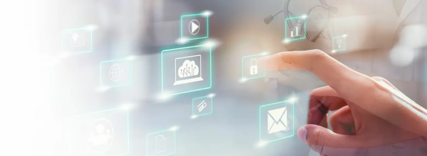 Hand berührt schwebende Symbole für digitale Dienste und Daten.
