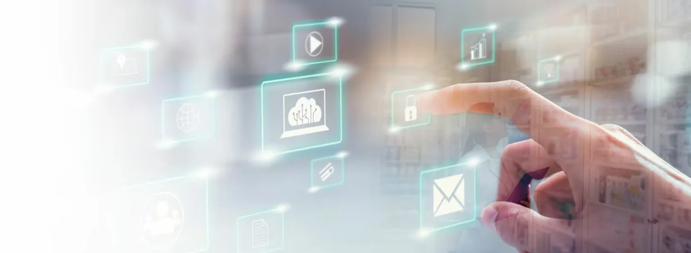 Hand berührt schwebende Symbole für digitale Dienste und Daten.