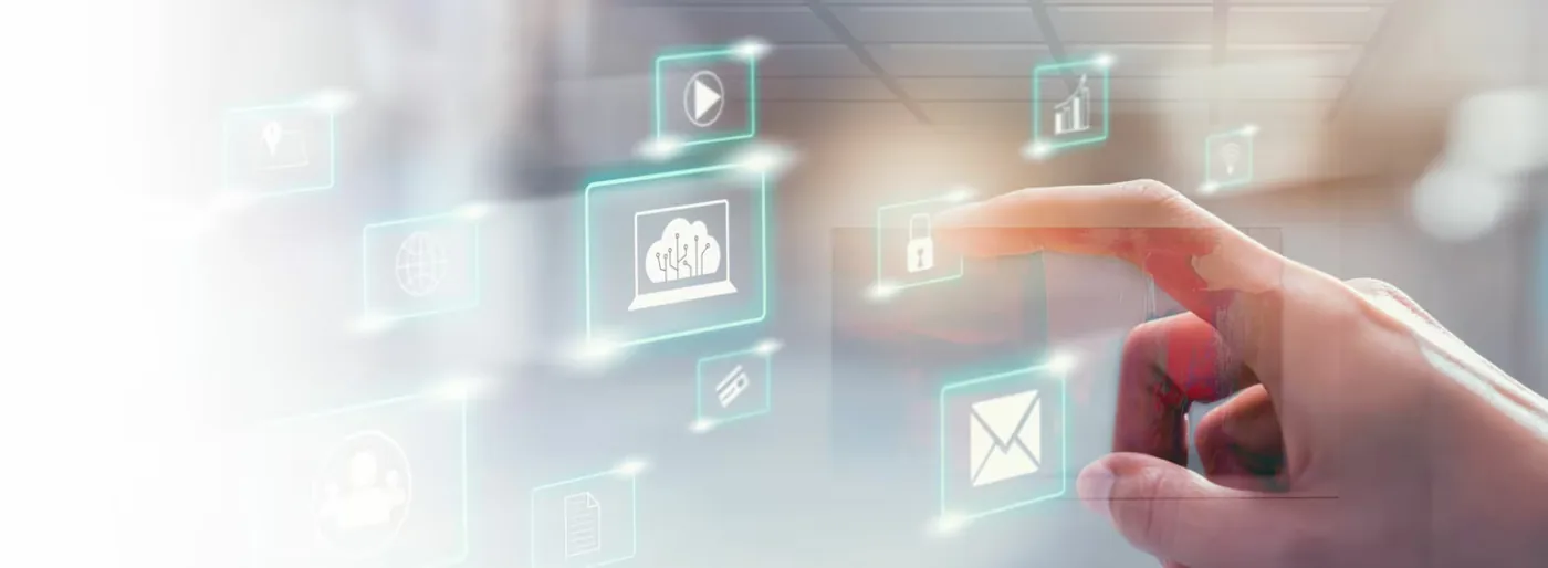 Hand berührt schwebende Symbole für digitale Dienste und Daten.