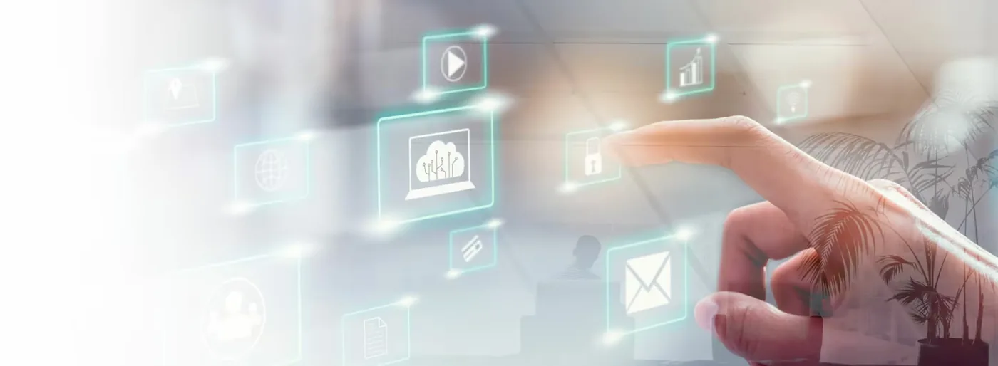 Hand berührt schwebende Symbole für digitale Dienste und Daten.